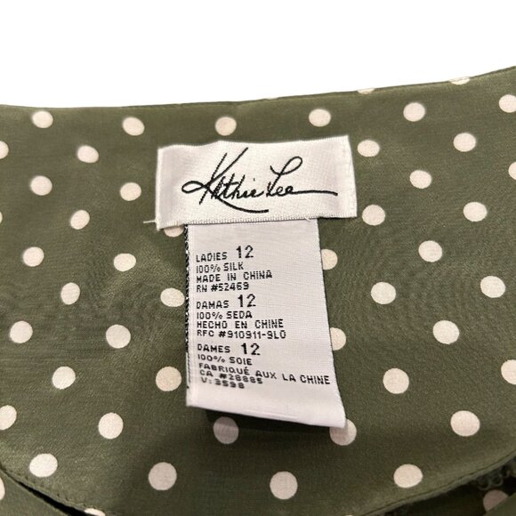 Vintage Kathie Lee 100% Silk Green Polka Dot Button Up Blouse 12 - Picture 3 of 5